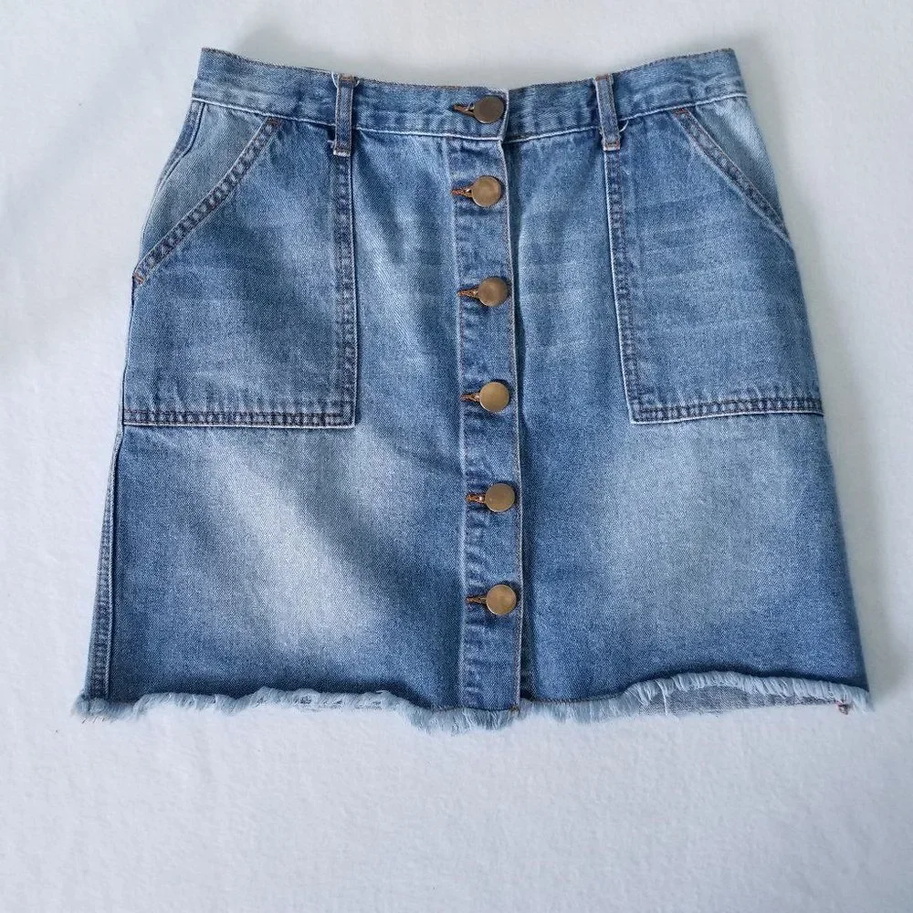 Blu-Pepper Vintage Mini Skirt Raw Hem Jean Denim Medium